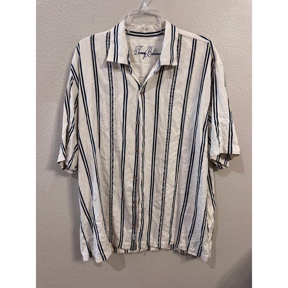 Tommy Bahama Camp Shirt Striped Button‎ Down Tropical Hawaiian Vacation